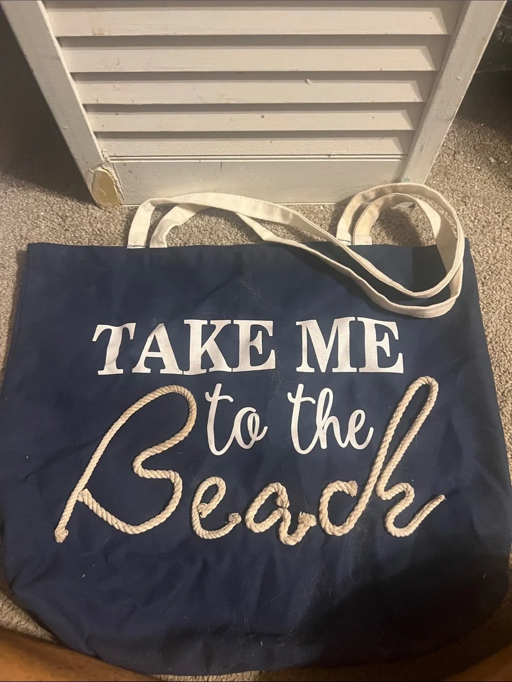 Canvas Beach Tote Bag in Navy with 'Take Me to the Beach' Print